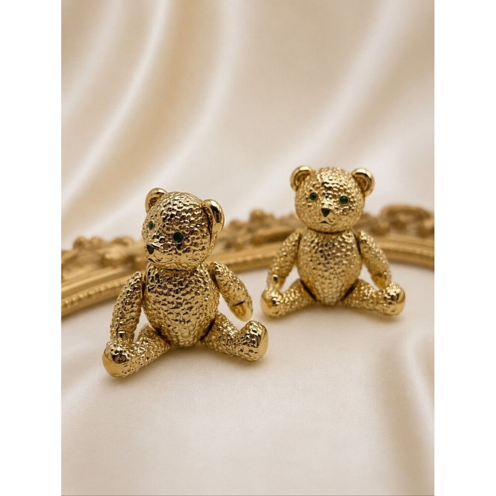 Vintage Napier Articulated Teddy Bear Brooch Set Gold Tone Green Rhinestone Eyes